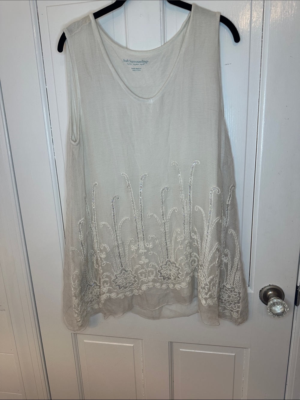 Soft Surroundings Cream Sequin Embroidered Sleeveless Silk Tunic size MP EUC‎